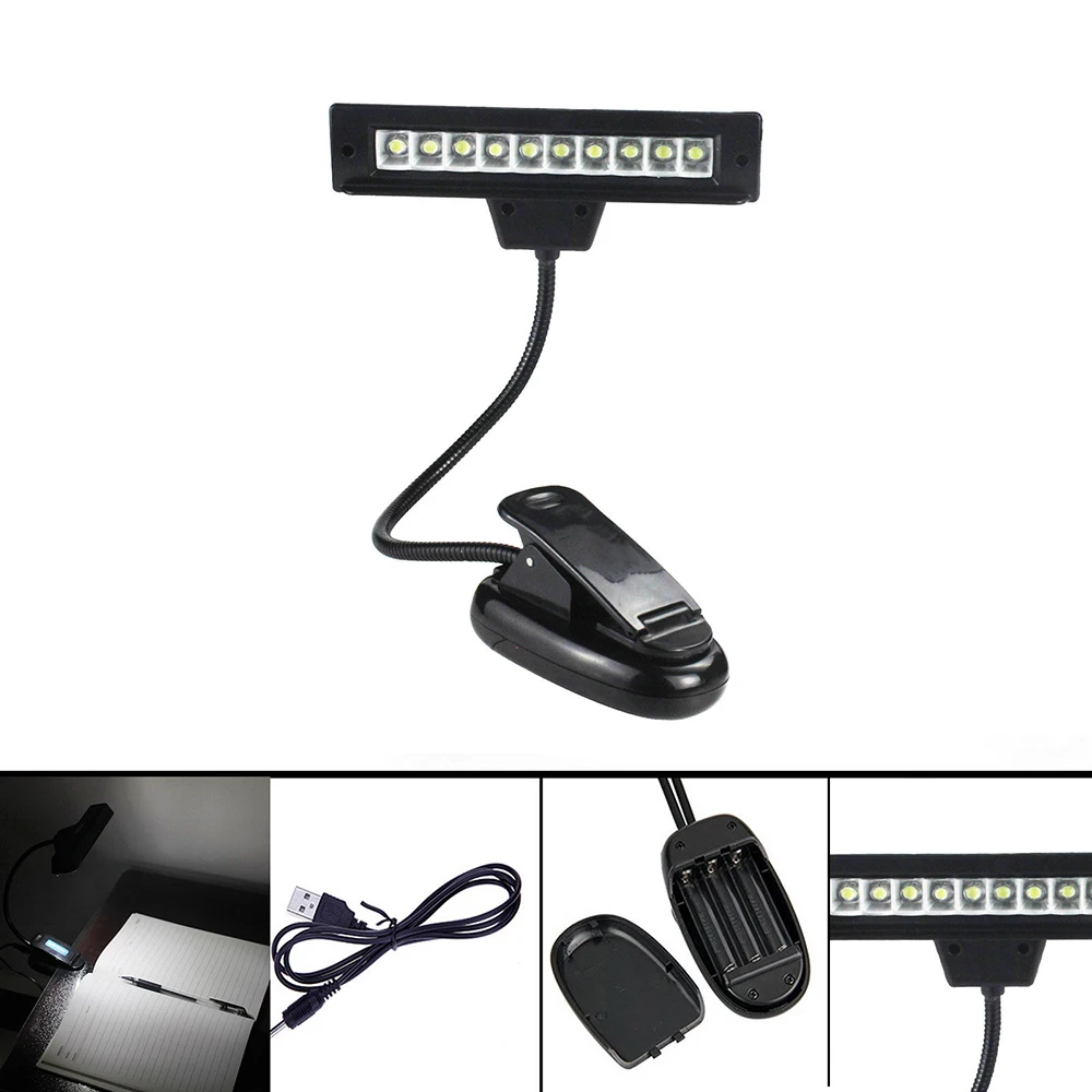 

White 1X 10 LED Flexible Reading Music Stand Light+USB Cable Clip-On Orchestral