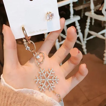 

MENGJIQIAO New Shiny Rhinestone Snowflake Asymmetry Long Drop Earrings Women Crystal Pendientes Luxury Christmas Jewelry