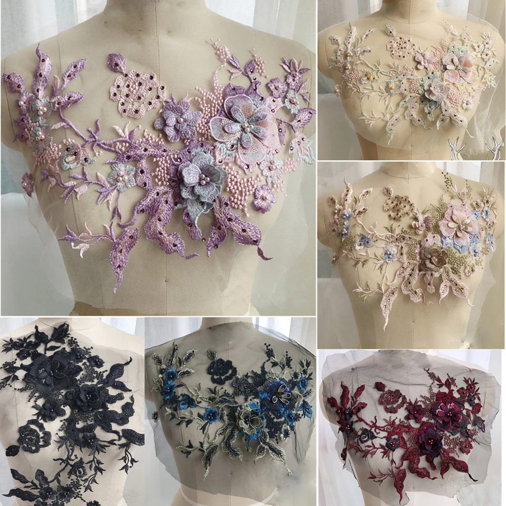 Perlé Broderie Soirée Mariage Robe Dentelle Applique Fleurs Plante