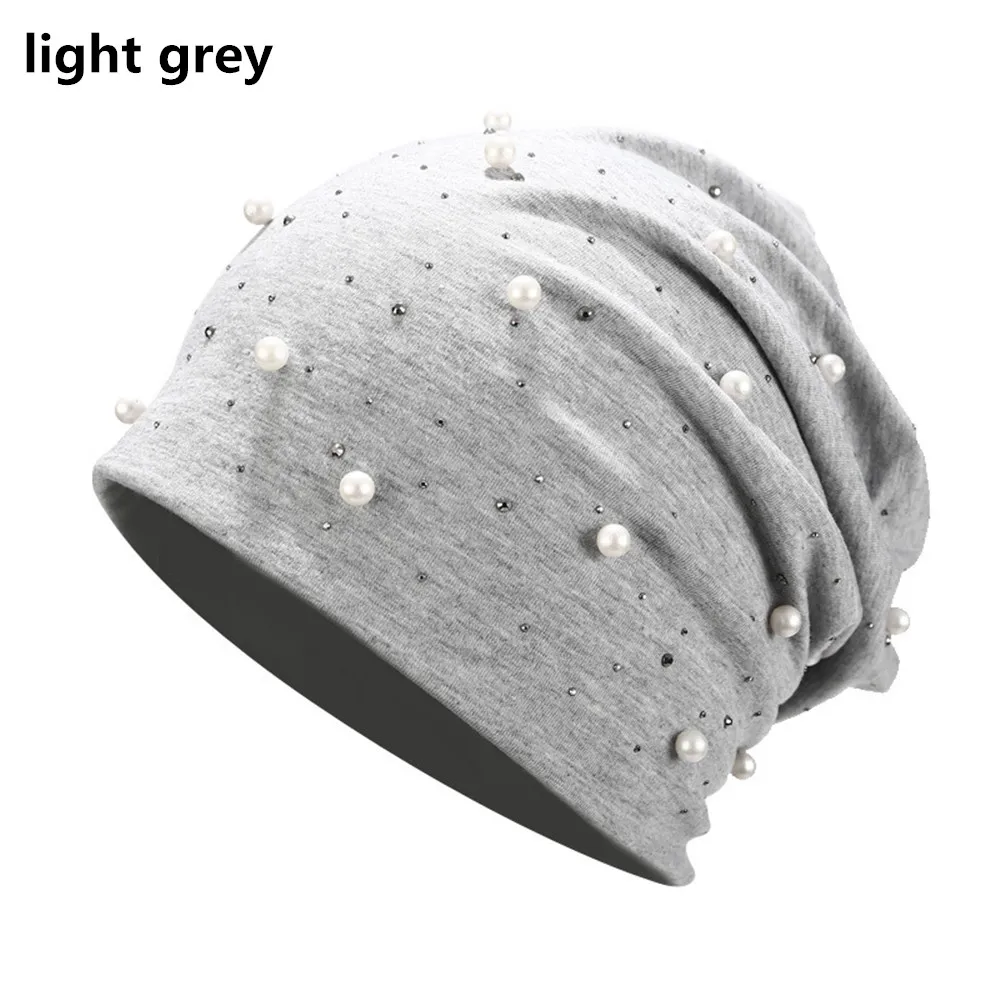 light grey Новая женская шапка в повседневном стиле из хлопка, Блестящий Жемчуг и стразы, мягкие шапочки для женщин, трикотажная шапка с черепами, шапки - Цвет: light grey