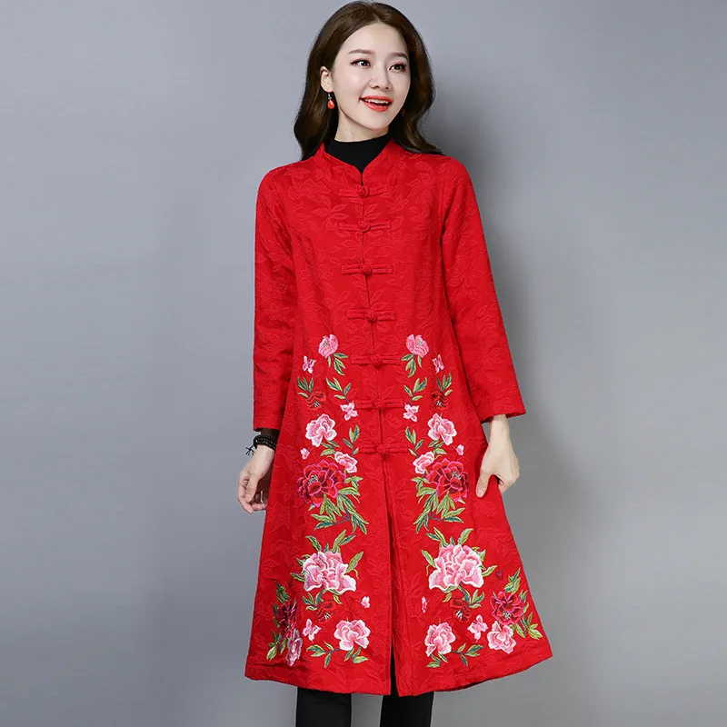 Autumn And Winter New Style Retro National Wind Embroidered Jacquard Mid-length Cardigan Trench Coat Cotton Linen Coat Women's