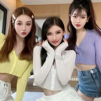 Women's Solid Color Blouse Long Sleeve V-Neck Thin  Button Up Knitted Cardigan Shirt Tops 2020 2