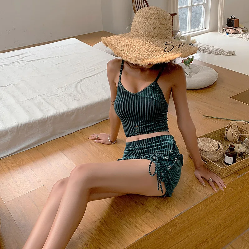 

Bathing Suit Women's 2019 New Style Korean-style-Fresh lu du Split Type Boxer Skirt Bathing Suit Three-piece Set
