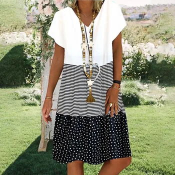 

2020 Summer Women Loose A-Line Dress Casual Stripe Dot Patchwork Dress Beach Sundress Party Dresses Bohemian Vestidos