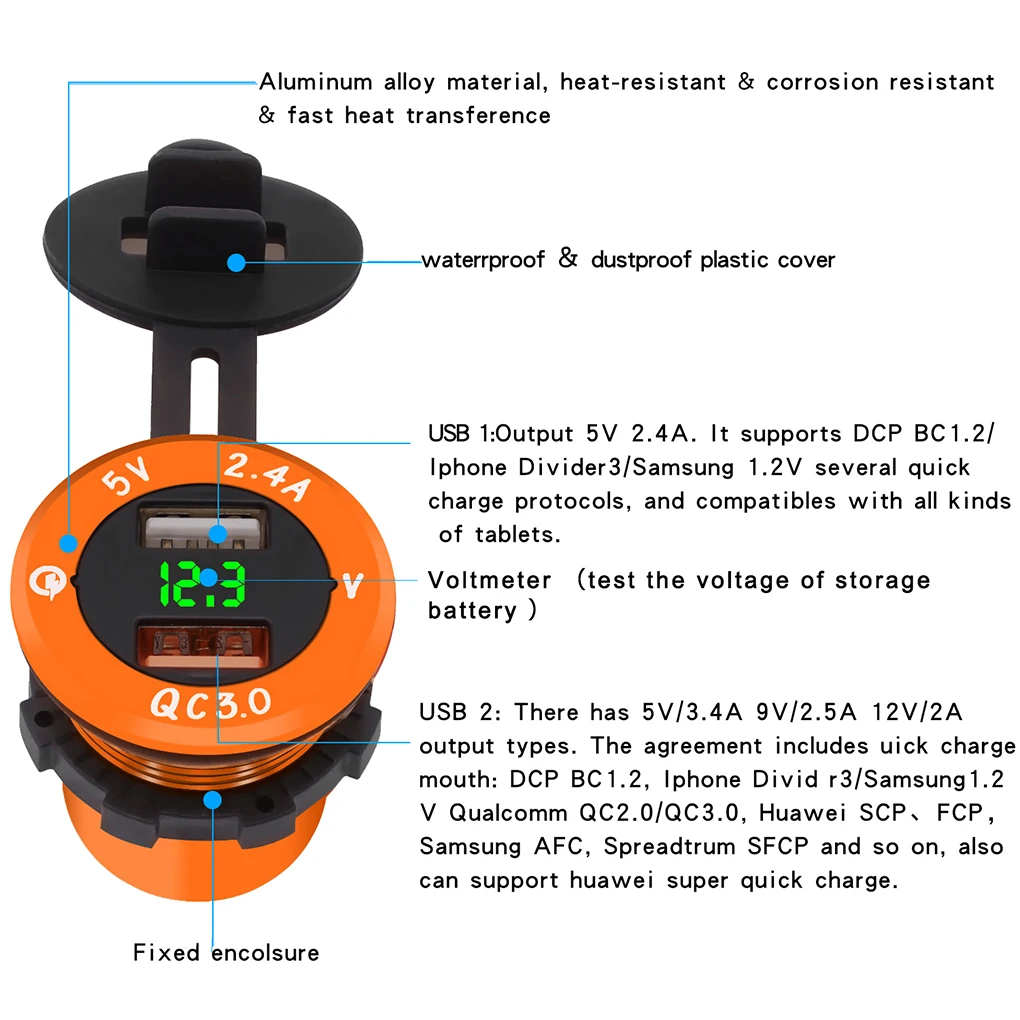 Двойной USB порт водонепроницаемый чехол автомобильное быстрое зарядное устройство из алюминиевого сплава 5 в Серебряный чехол адаптер для зарядки дисплей напряжения