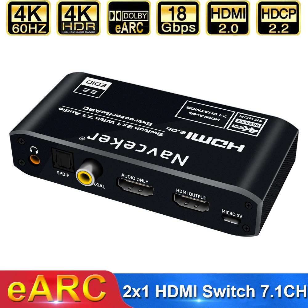 2x1 4K HDMI переключатель eARC аудио экстрактор с дугой и оптическим Toslink 2 0 60 Гц