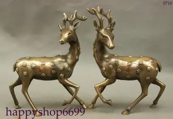 

FengShui Chinese Bronze Culture Auspicious Animals Sika Deer Copper Statue Pair Collectible Old Handwork copper Silver Bronz