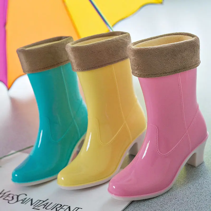 Fashion Women High Heels Rain Boots,Waterproof Mid-calf Rubber Shoes,Girls Non-slip Galoshes,Candy Colors,FREE Dropshipping