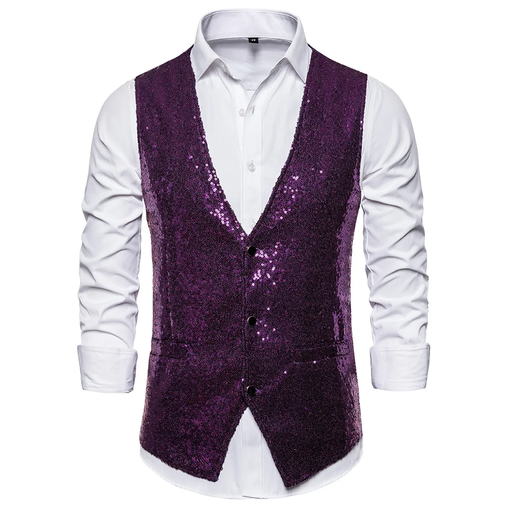 Adisputent Autumn Men Sequin Blazers Vest Gliter Suit Vest Nightclub DJ Stage Shiny Gold Sequin Bling Glitter Vest S-XXL - Цвет: purple