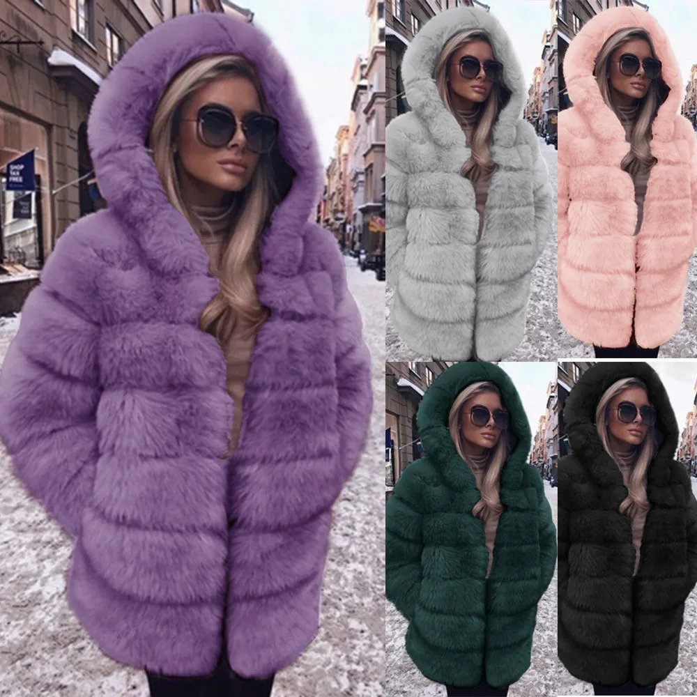 ARLONEET пальто с капюшоном из искусственного меха женская зимняя мода средней длины