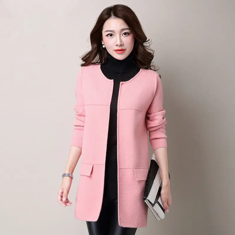 pink Модный Свободный вязаный кардиган средней длины размера плюс 3XL Женское пальто брендовая однотонная цветная женская уличная куртка с круглым вырезом и длинным рукавом - Цвет: pink