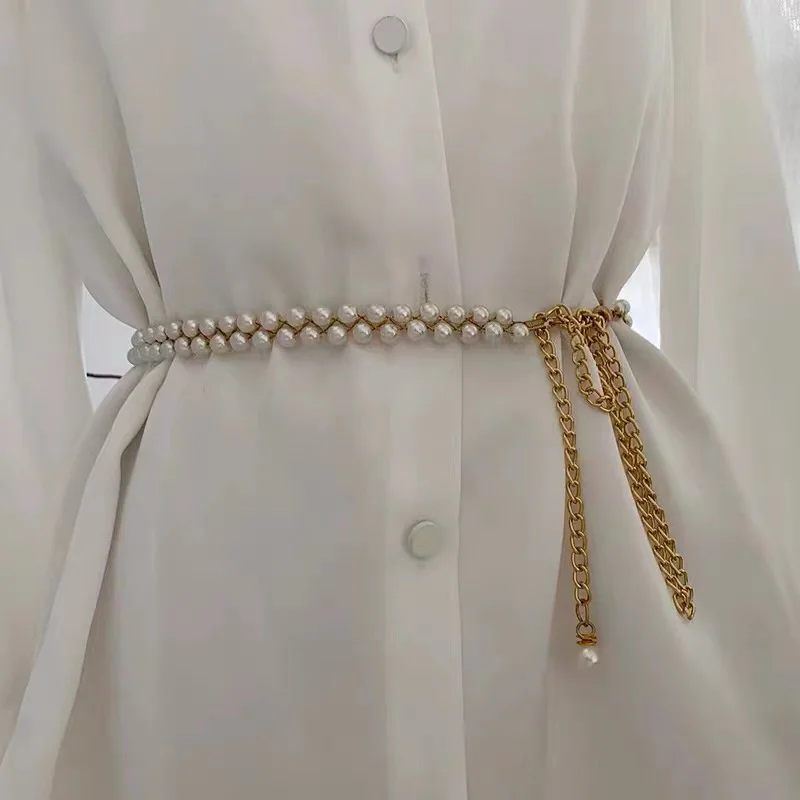 Elegant Ladies Metal Adjustable Thin Waist Chain New Beaded Simple Imitation Pearl Belt Dcorative Dress Pearl Pendant Waistband