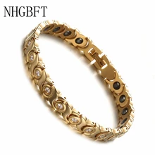 NHGBFT Золотой Цвет Здоровый магнит био энергии браслет для мужчин из нержавеющей стали CZ браслет
