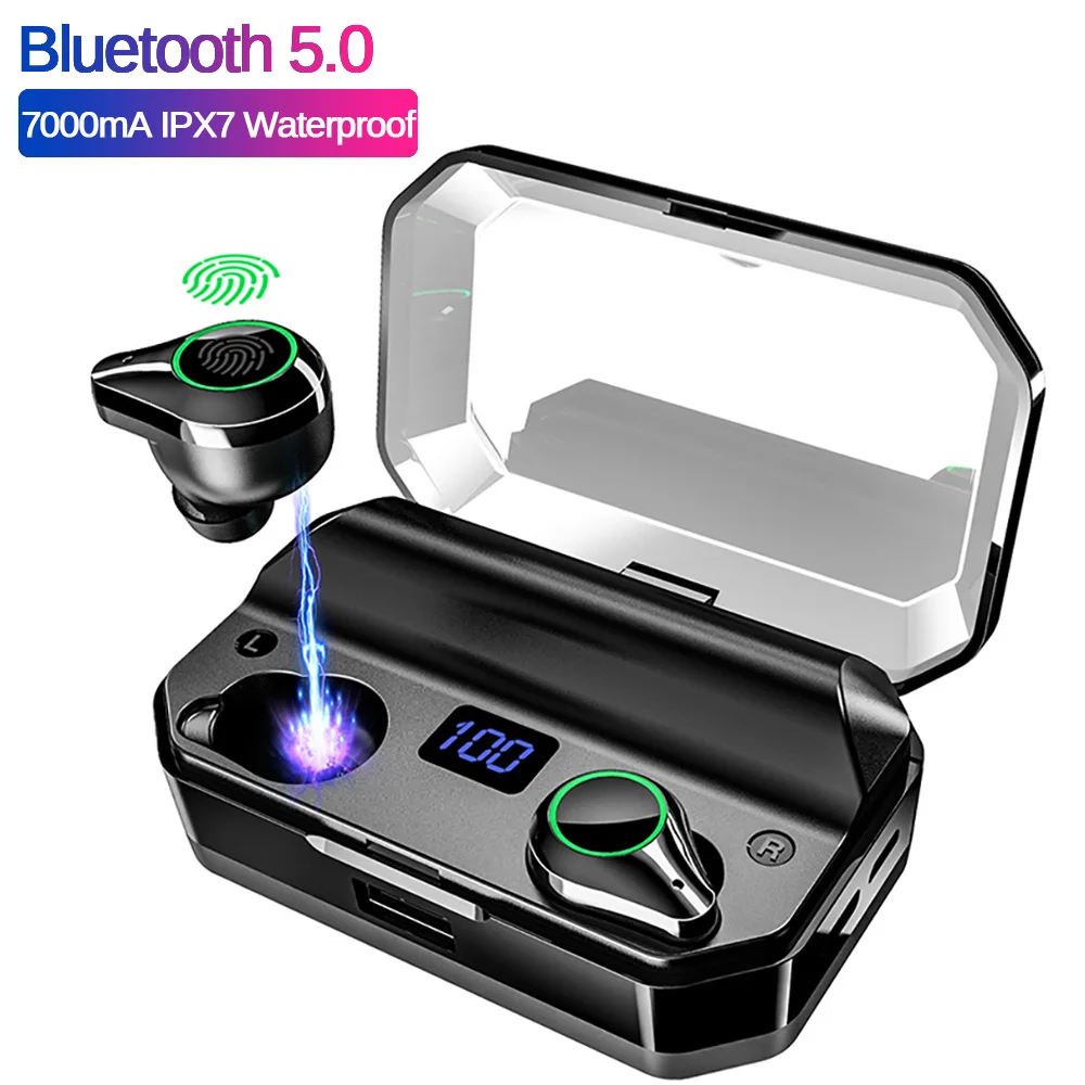 

TWS Bluetooth 5.0 Earphones 6D Stereo Wireless Headsets IPX7 Waterproof With 7000mAh LED Smart Power Bank Noise Cancel Earbuds