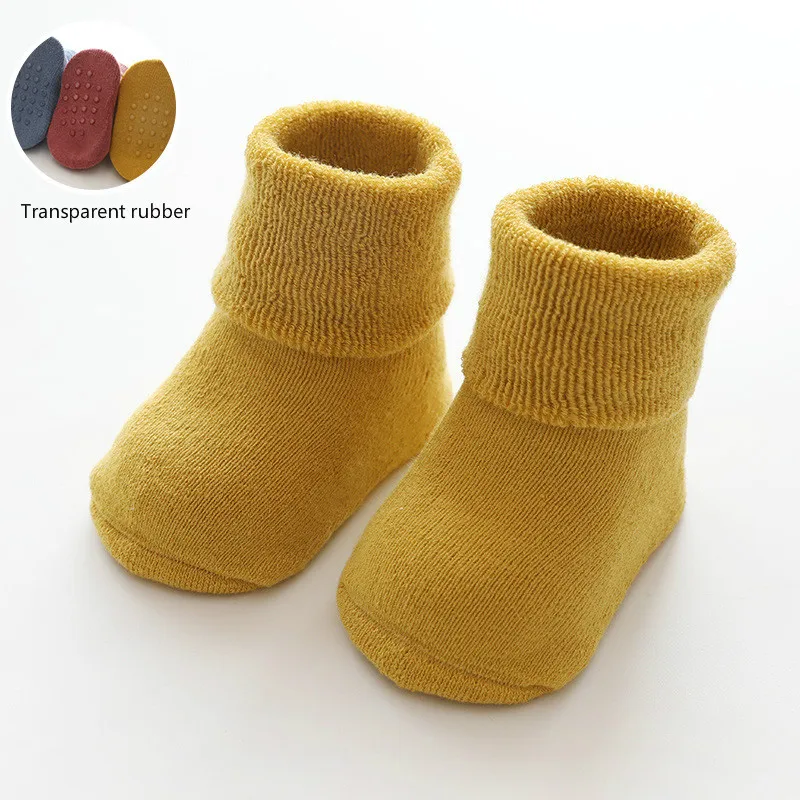 Зимние плотные теплые носки для малышей нескользящие носки-тапочки для малышей однотонные носки средней длины Носки для малышей носки для новорожденных носки для маленьких девочек - Цвет: Yellow