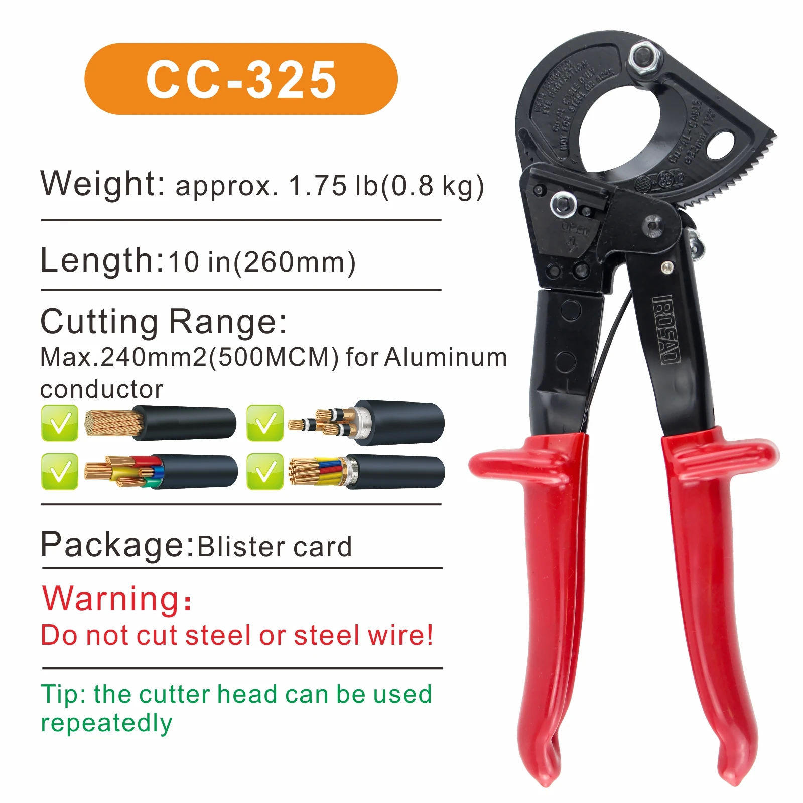 Details about   HS-325A 240mm2 Ratcheting Ratchet Cable Cutter Germany Design Wire Cutter 