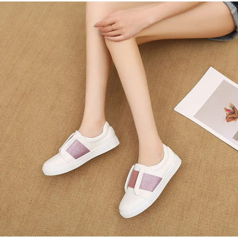 MCCKLE Bling Slip On Shoes Woman Flats Autumn Vulcanized Ladies Platform Comfortable Casual White Shoes Female Fashion Plus Size