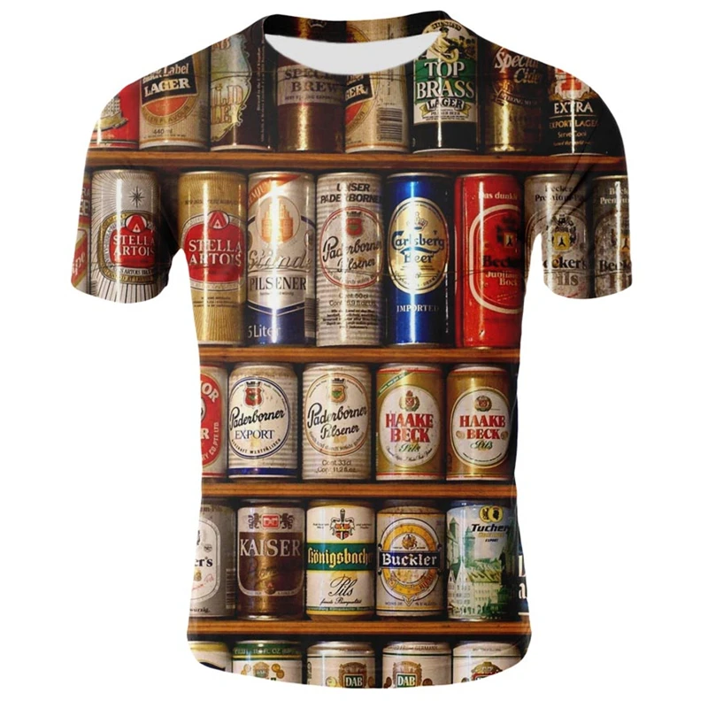 

2020 Novelty 3D Tshirt Men Cans of Beer Printed Short Sleeve Summer Casual Crewneck T-shirt Funny Rotate Pattern Streetwear