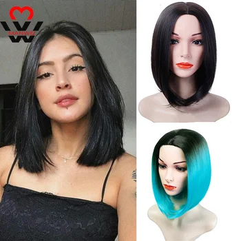 

MANWEIHeat Resistant Synthetic Wig Short Silky Straight Bob Hair Style Ombre Two Tone Green Dark Gray Afro Wigs