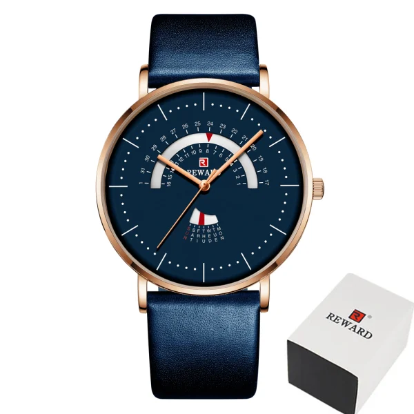 leather blue box Награда синий сетчатый ремень модные часы мужские часы Креативный поворотный Календарь Неделя водонепроницаемые мужские часы Reloj Hombre - Цвет: leather blue box
