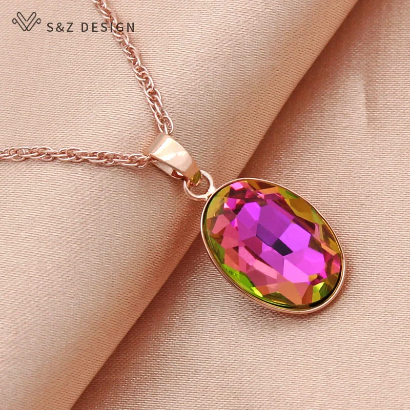 S&Z DESIGN New Fashion Egg Shape Oval Crystal Pendant Necklace For Women Wedding 585 Rose Gold Color Jewelry