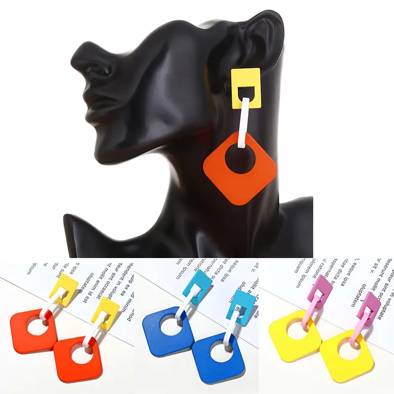 

Yellow red blue New Summer Candy Color Vintage Geometric shape Rectangular Acrylic Buckle Long Drop Earrings For Women Girls