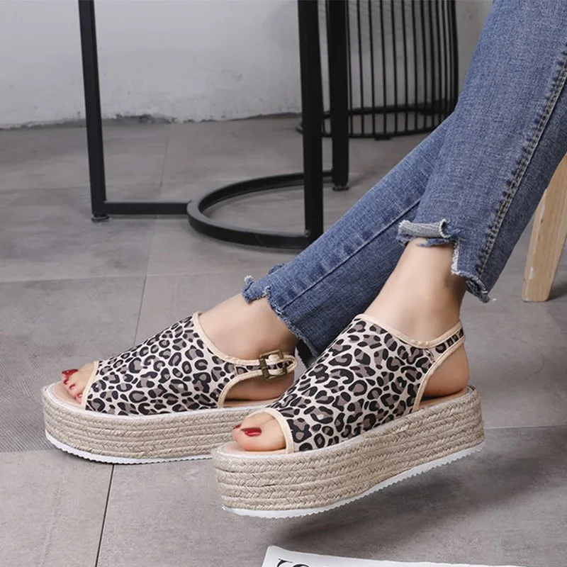 leopard MCCKLE/летние женские пеньковые сандалии; модная женская пляжная обувь; Туфли на танкетке; удобные босоножки на платформе; обувь размера плюс - Цвет: leopard