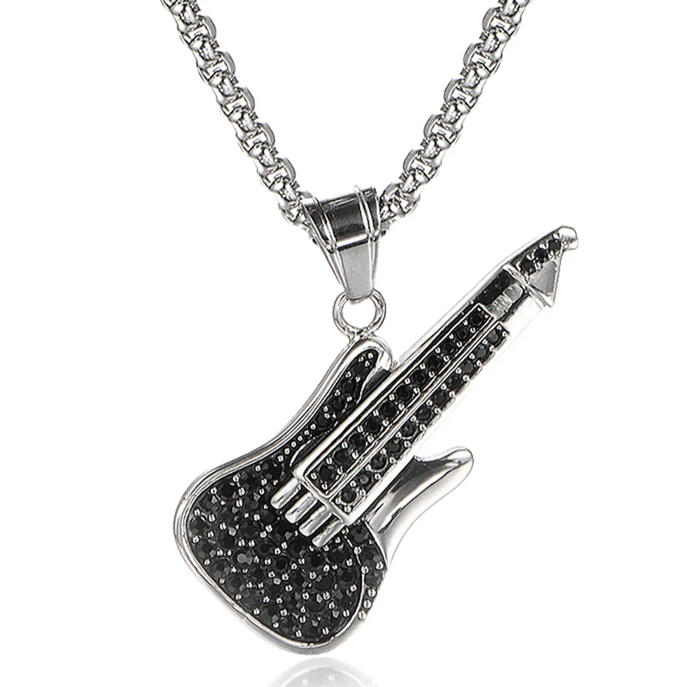 Stainless Steel Rhinestone Guitar Music Punk Rock Pendant Necklace Hip Hop Black Crystal Necklaces Jewelry with Chain | Украшения и