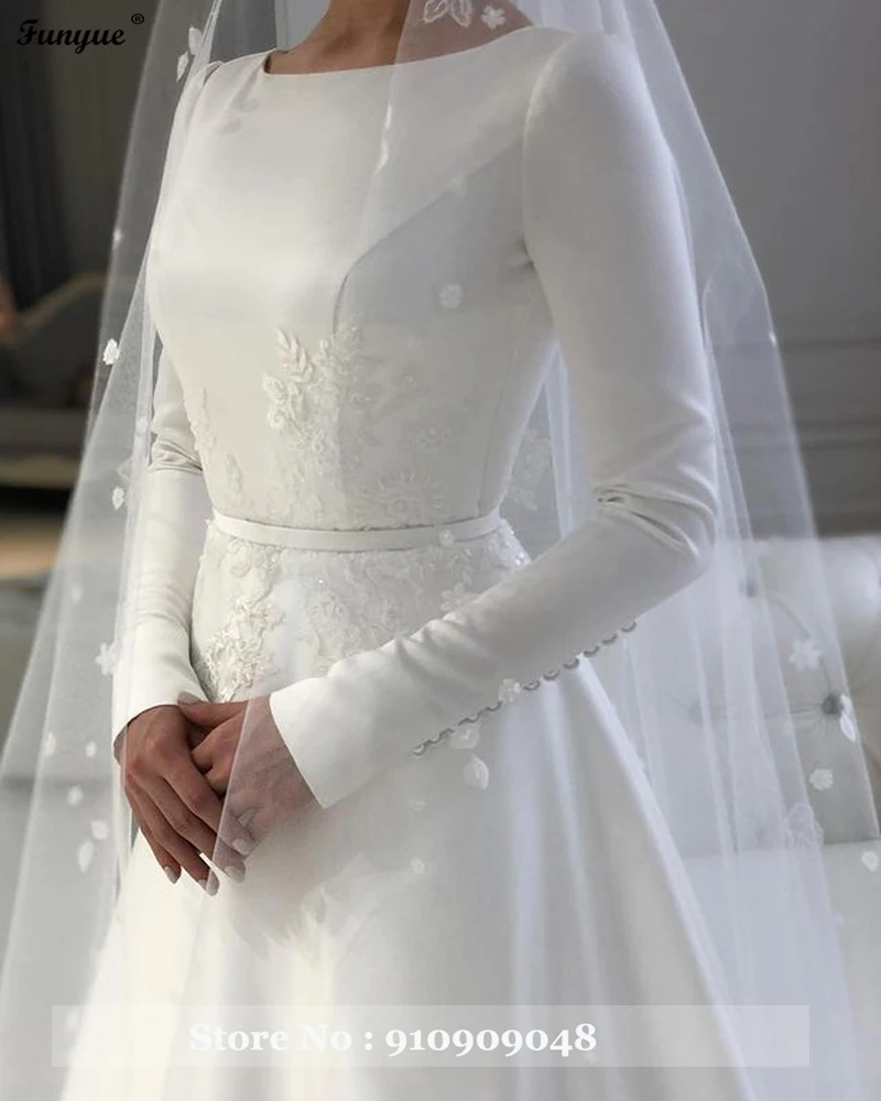 affordable wedding dresses Vestido De Novia 2021 Long Sleeves Muslim Bridal Wedding Gown with Veils Appliques Lace Satin A-line Simple Bride to be Dress ball gown wedding dress