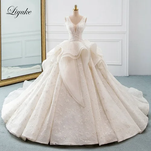 Liyuke обычный ремень V декольте бальное платье свадебное платье с Часовня Поезд свадебное платье с оборками - Цвет: Picture Ivory
