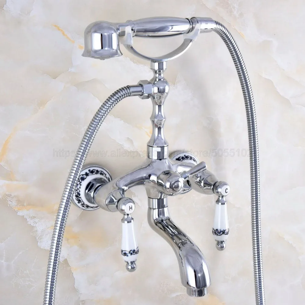 

Polished Chrome Bathtub Shower Faucets Set Dual Knobs Mixer Tap Wall Mounted Bath Shower Set Swivel Tub Spout ztf847