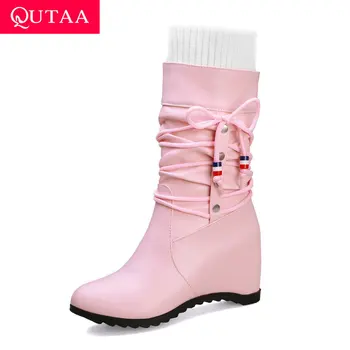 

QUTAA 2020 Butterfly-Knot Lace Up Sweet Winter Women Shoes Wedges Round Toe PU Leather Warm Fur Slip On Mid Calf Boots Size34-43