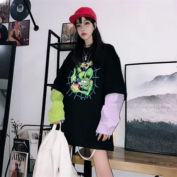 

Focal20 Streetwear Monster Patchwork Fleece Women Sweatshirts Fake 2 Pieces O-neck Female Pullover Casual Loose Autumn Lady Tops