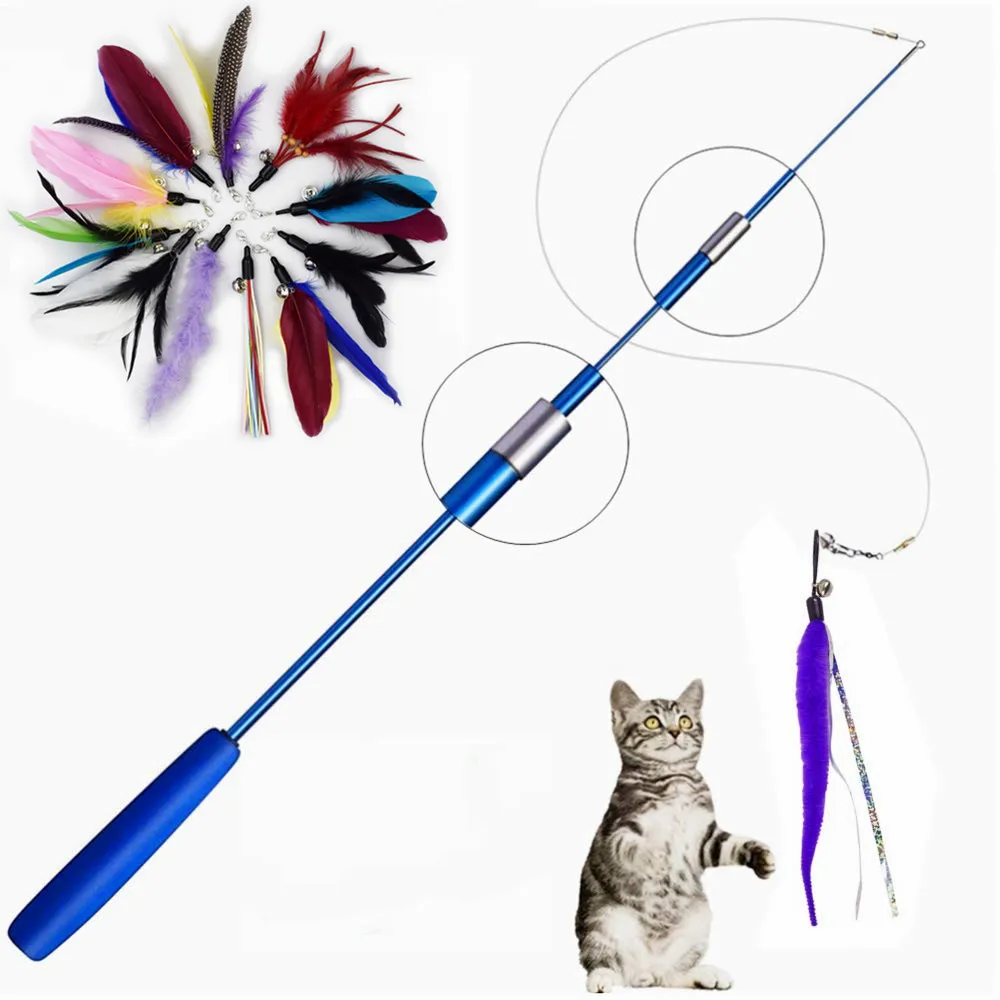 Interactive Cat Feather Toy Feather Teaser Stick Wand Pet Retractable Feather Bell Refill