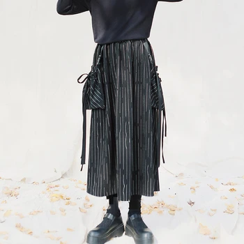 

LANMREM 2020 Winter New Striped Knitted Wool Skirt High Waist Drawstring Pocket Decoration A-line Skirts Women PC336