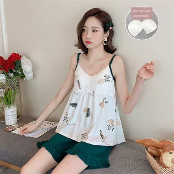 

Women's Ruffle Pajama Set Nightwear Lovely Design Fruit Cartoon Print Sleeveless Silk Sleepwear Casual Homewear with Chest Pad