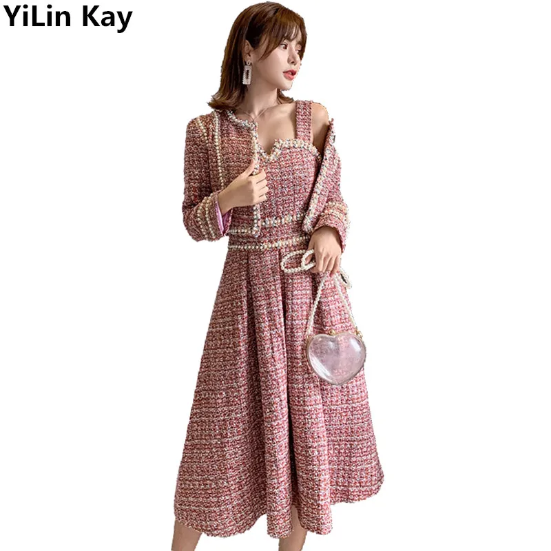 

2019 Autumn Winter Women's Shiny Red Tweed Wool Jacket Tank Vest Dress Twinset Ladies Small Suit Woolen Beading Dresses 2 Sets