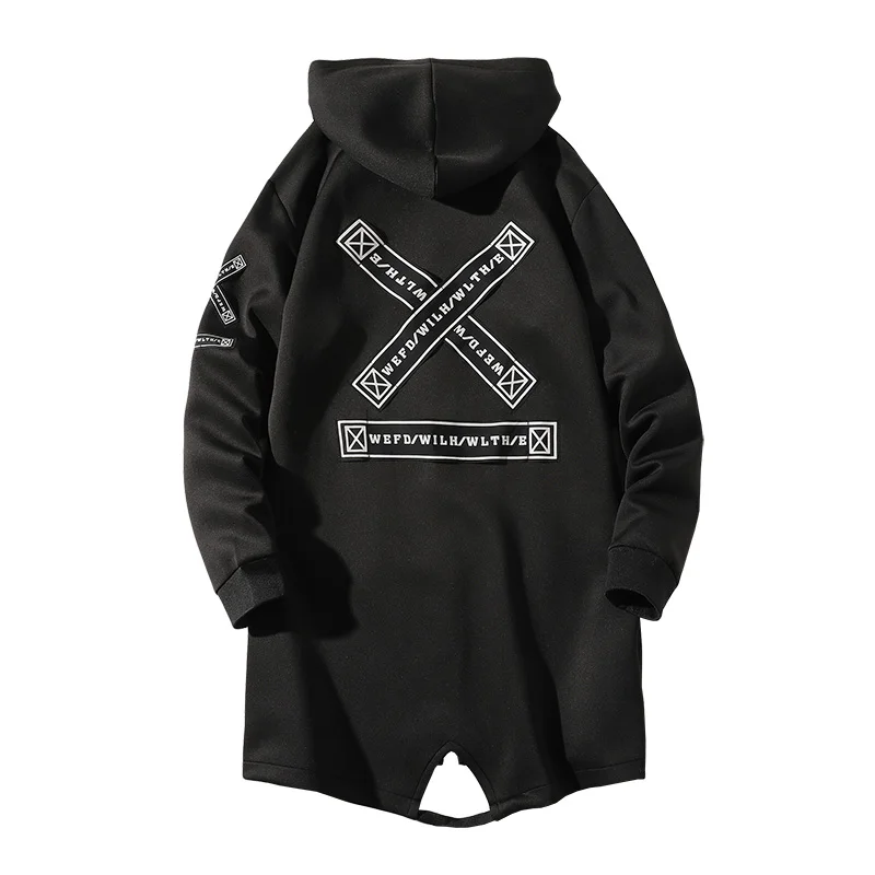 2021 Autumn Men Hooded Jackets Print Harajuku Windbreaker Ribbon Overcoat Male Casual Outwear Hip Hop Streetwear Coats