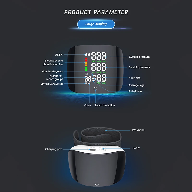 Rechargeable Voice Sphygmomanometer Fully Automatic Digital Heart Rate Wrist Blood Pressure Monitor Smart Touch LCD Screen