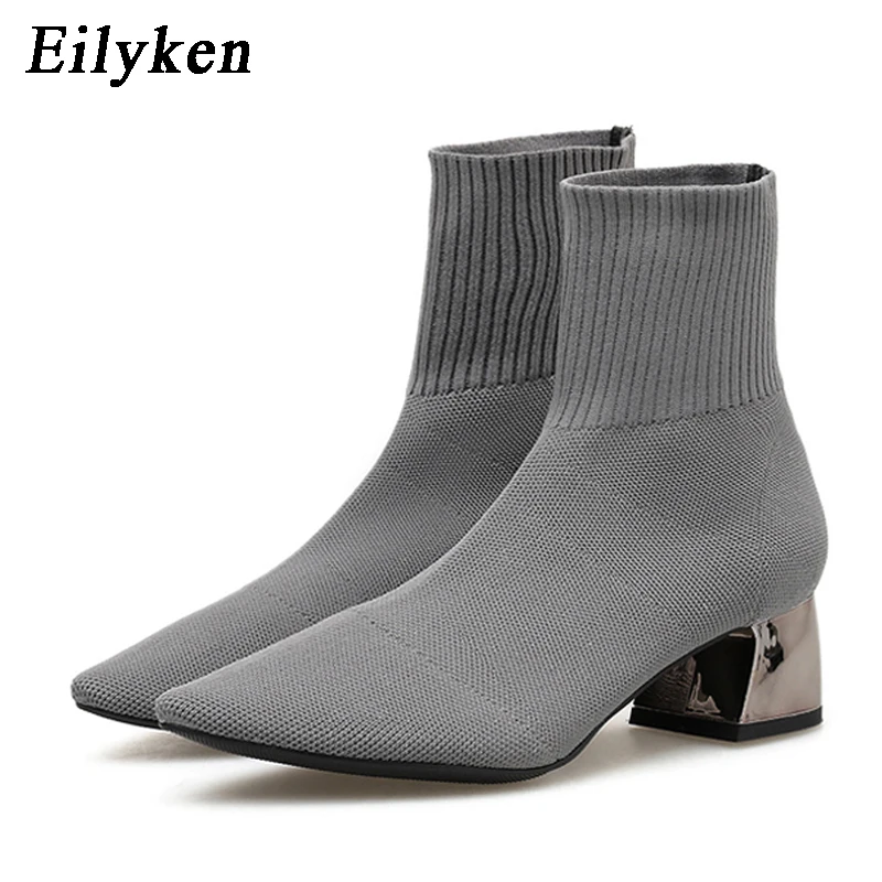EilyKen/Коллекция 2020 года; сезон осень-зима; вязаные носки из эластичной ткани; женские ботинки; короткие ботинки на низком каблуке; цвет серый; ... EilyKen/Коллекция 2020 года; сезон осень-зима; вязаные носки из эластичной ткани; женские ботинки; короткие ботинки на низком каблуке; цвет серый; ...