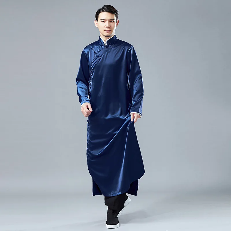 Chinese Style Men Crosstalk Costume Long Gown Robes Jacket Changshan Tunic Stage 