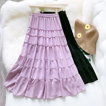 

Summer Ruffles Patchwork Pleated Long Skirt Elastic High Waist Women's Midi Skirts Sweet Girls Faldas Korean Style Jupes