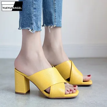 

Women Sandals Summer 2020 Slides Genuine Leather Slides Thick High Heel Shoes Cow Leather Open Toe Lady Sandals Yellow Plus Size