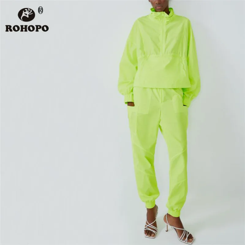 

ROHOPO Bright Green Pullover Jacket Top Zipper Fly Cargo Solid Tooling Chic Outwear #1431