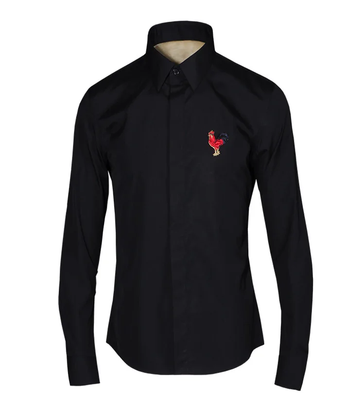 Мужской хипстер петух вышивка платье рубашки Camisa Masculina 2019 роскошный бренд Slim Fit с длинным рукавом черная рубашка мужской смокинг рубашки