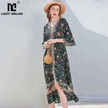 

100% Silk Women's Runway Dresses Sexy V Neck 3/4 Flare Sleeves Floral Printed Fashion Mid Summer Dresses