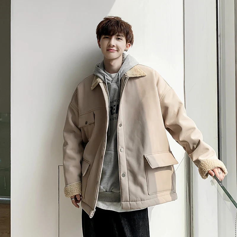 Winter Plus Velvet Jacket Men's Warm Thick Fashion Parka Men Solid Color Casual Cotton Jacket Man Streetwear Loose Coat Male
