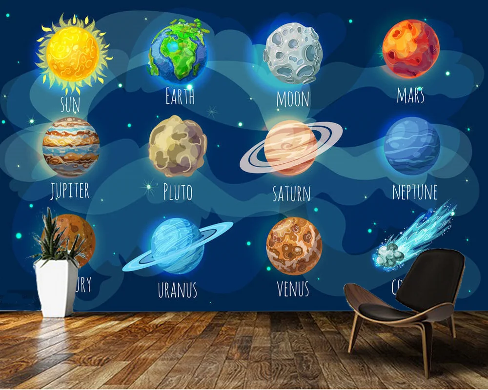 Papel De Parede Planets Of The Solar System Cartoon 3d Wallpaper,living  Room Children Bedroom Wall Papers Home Decor Mural - Wallpapers - AliExpress