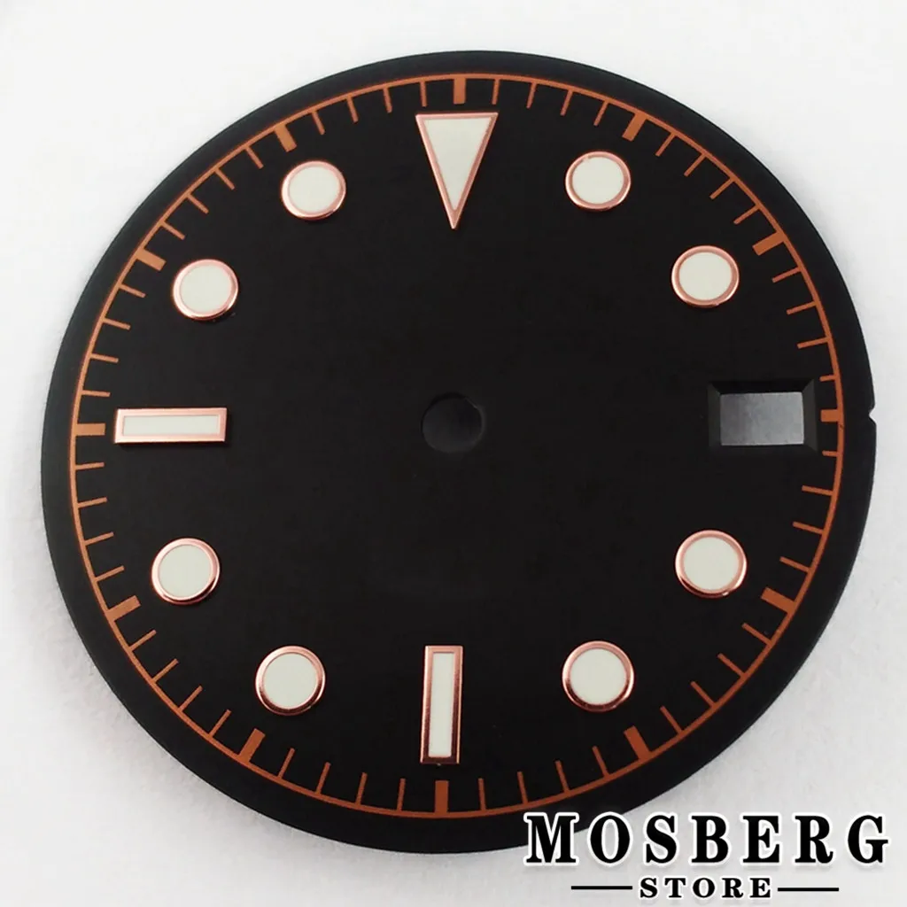Sterile Luminous Black and Green Watch Dial with Date Window and Hands - 28.5mm