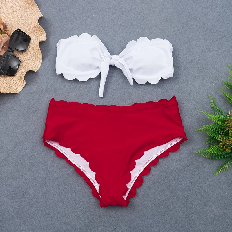 

Women Scalloped Bikini Set Solid Two Pieces Beach Bathing Suits Swimwear Biquinis Bandeau High Waisted Bikini Swimwear Women
